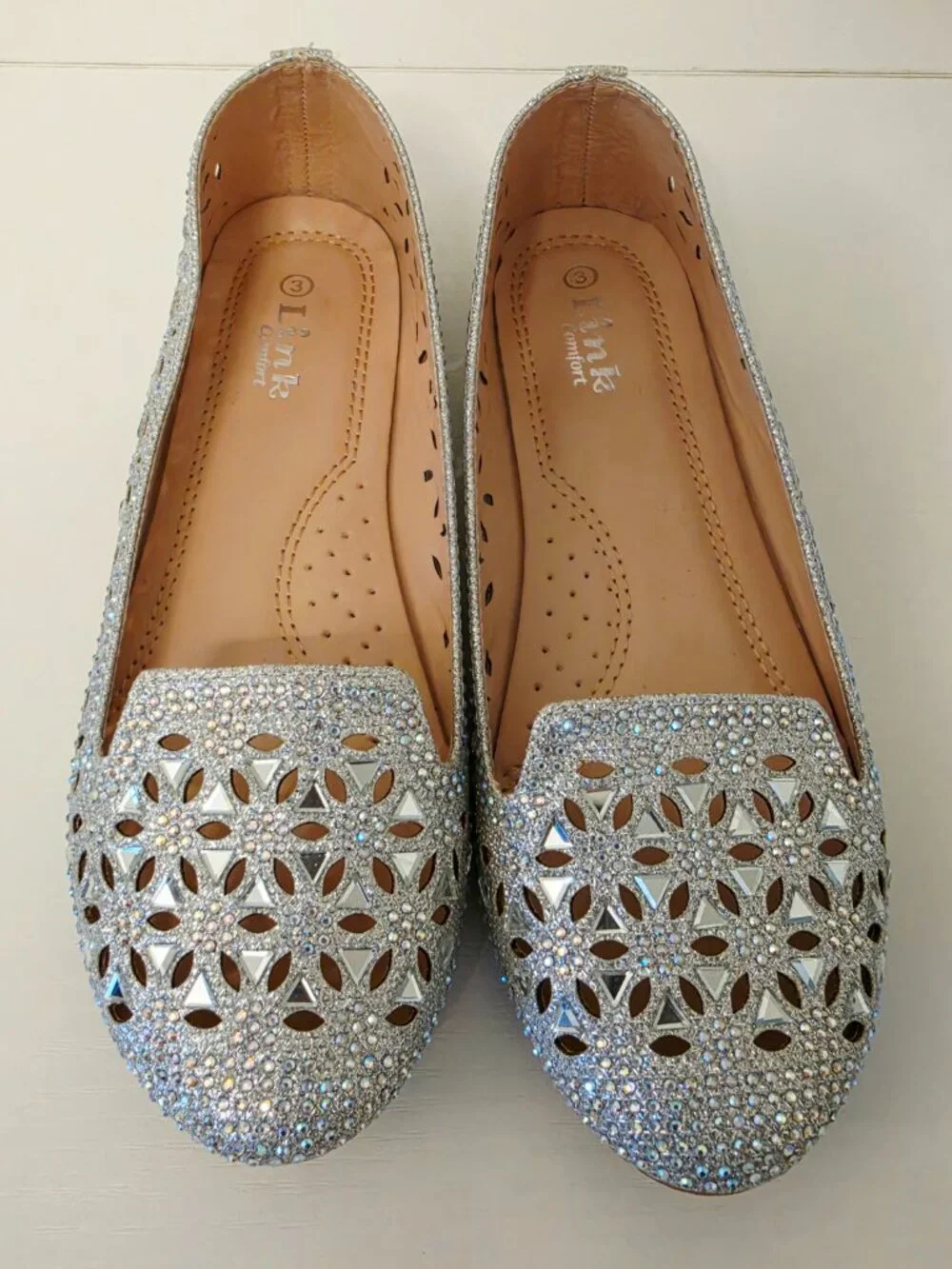 Link Comfort Girls Size 3 Rhinestone Sparkly Slip-On Dress Shoes Flats NWOB